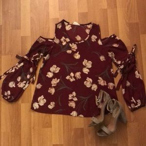 Cold shoulder burgundy floral top